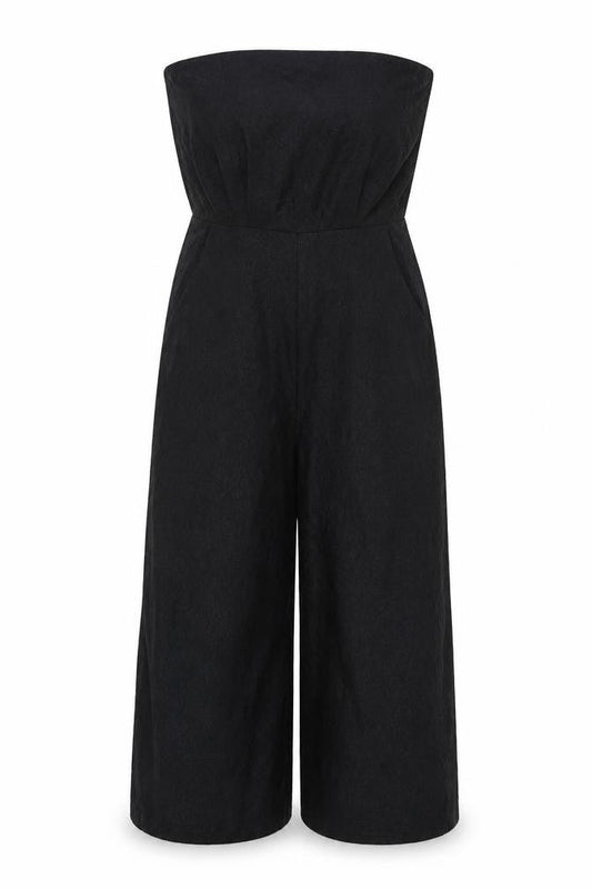 Front view of Missguidd women’s black polyester jumpsuit one-piece, size UK 12, 16-inch leg zip