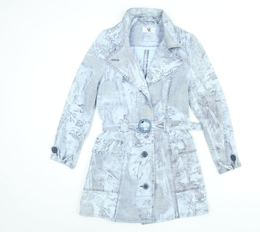 Amazing Womens Blue Geometric Trench Coat Coat Size 8 Button - Belted