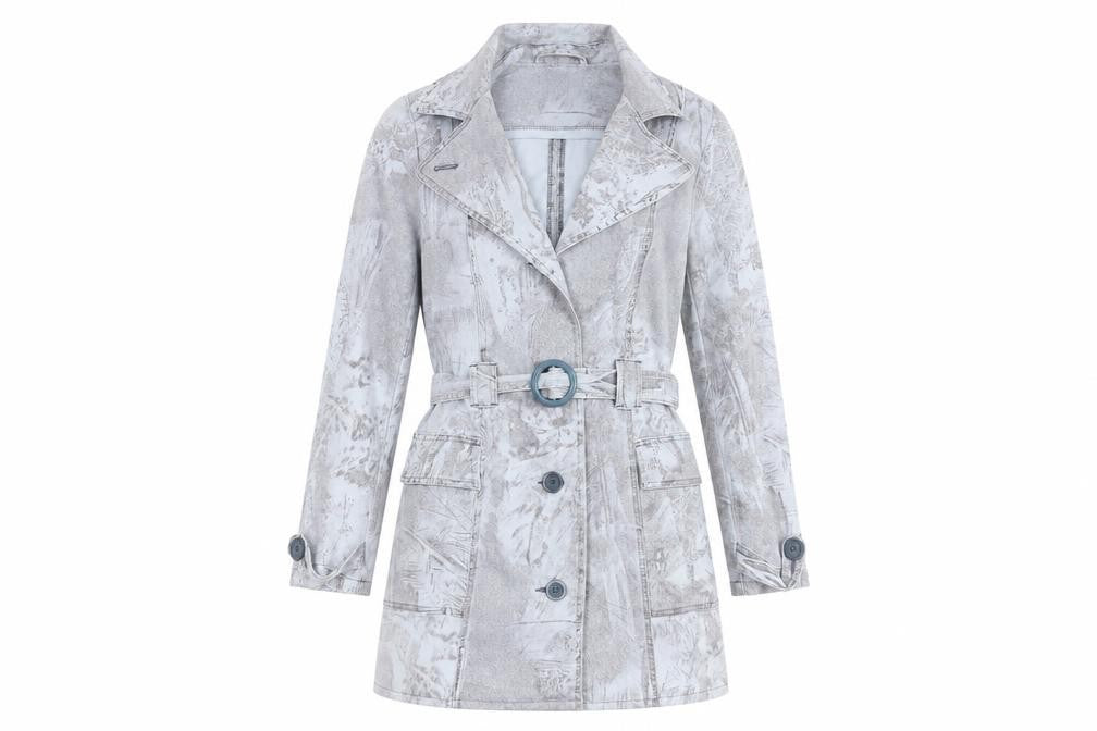 Amazing Womens Blue Geometric Trench Coat Coat Size 8 Button - Belted