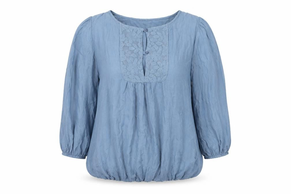 Prontomoda Giusy Womens Blue Silk Basic Blouse Size M Round Neck - Lace Detail
