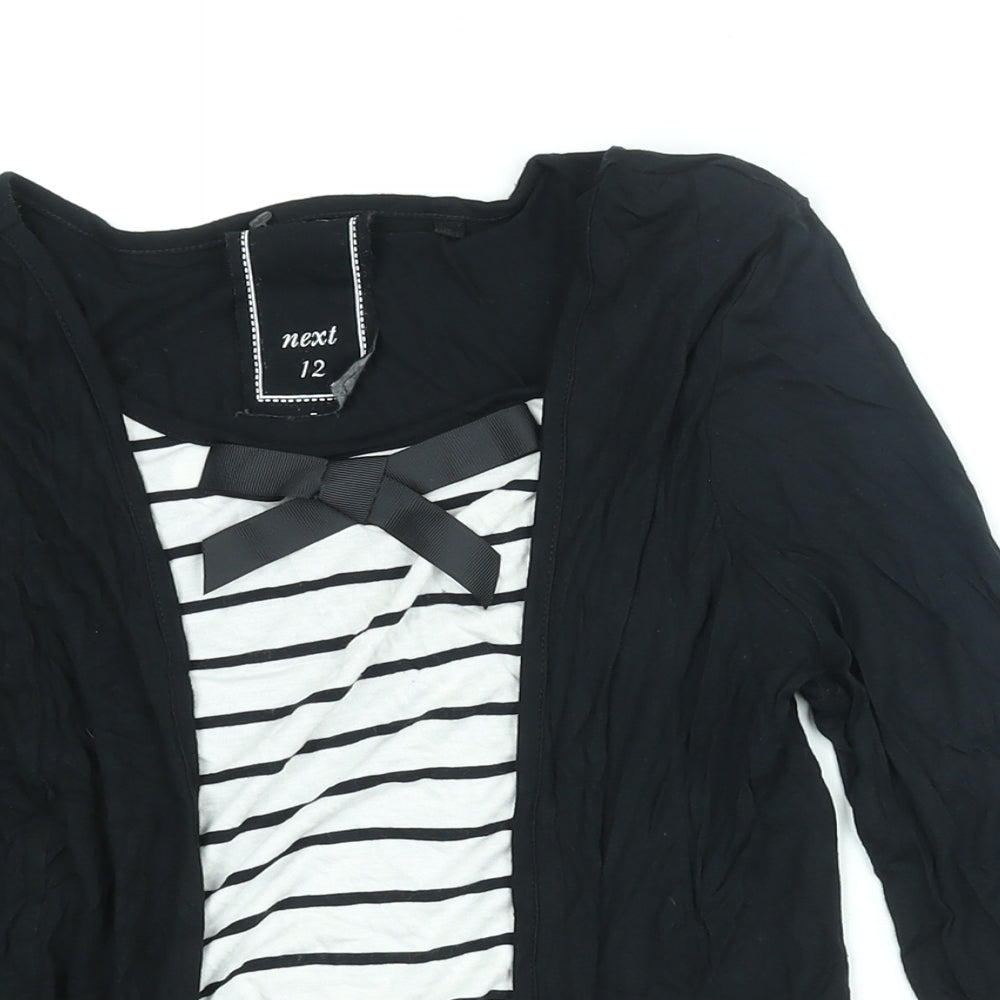 NEXT Womens Black Viscose Basic Blouse Size 12 Scoop Neck - Stripe Print Bow Cardigan Layer