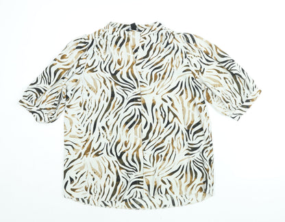 New Look Womens White Animal Print Polyester Basic Button-Up Size 14 V-Neck - Tiger Print