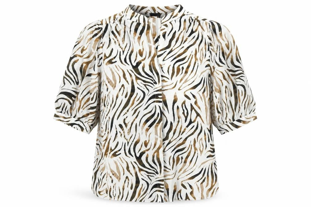 New Look Womens White Animal Print Polyester Basic Button-Up Size 14 V-Neck - Tiger Print