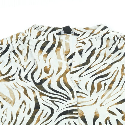 New Look Womens White Animal Print Polyester Basic Button-Up Size 14 V-Neck - Tiger Print