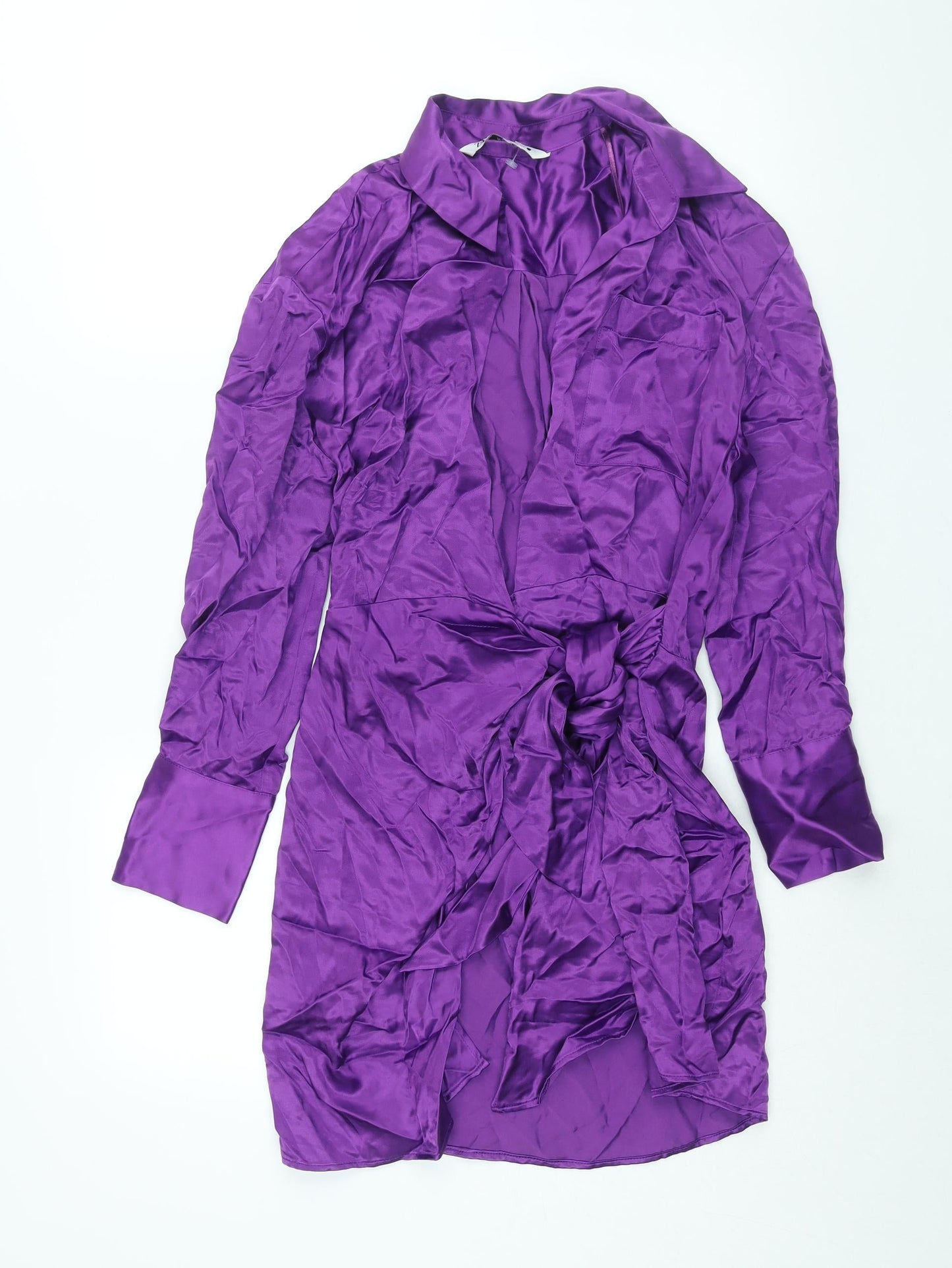 Zara Womens Purple Viscose Wrap Dress Size S Collared Tie