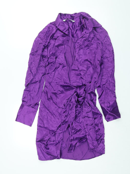 Zara Womens Purple Viscose Wrap Dress Size S Collared Tie