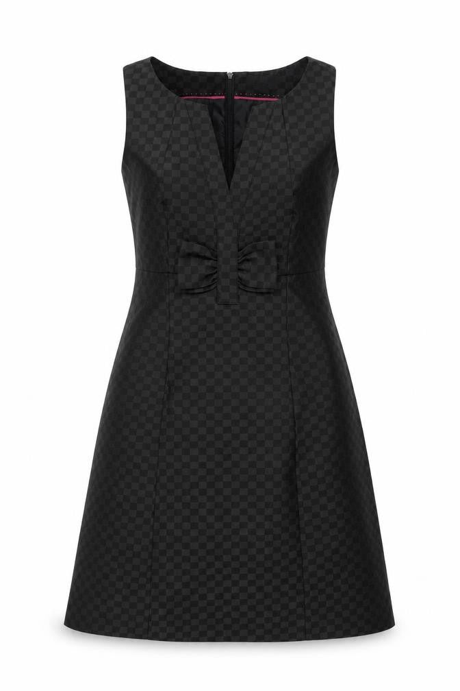 Next Womens Black Gingham Polyester A-Line Size 12 V-Neck Zip - Bow