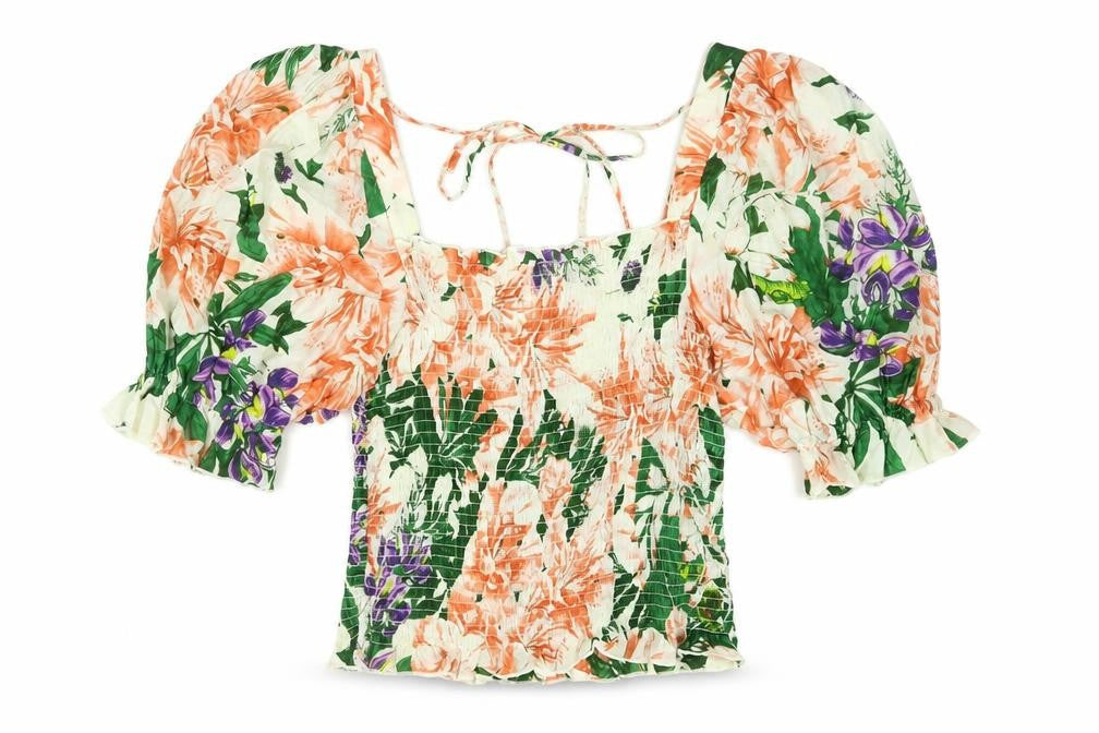 H&M Womens Multicoloured Floral Viscose Basic Blouse Size M Square Neck - Rouched