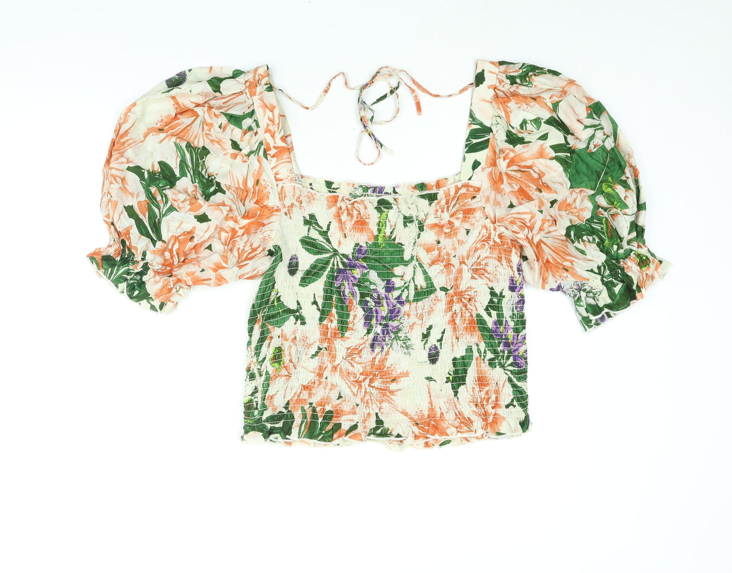 H&M Womens Multicoloured Floral Viscose Basic Blouse Size M Square Neck - Rouched