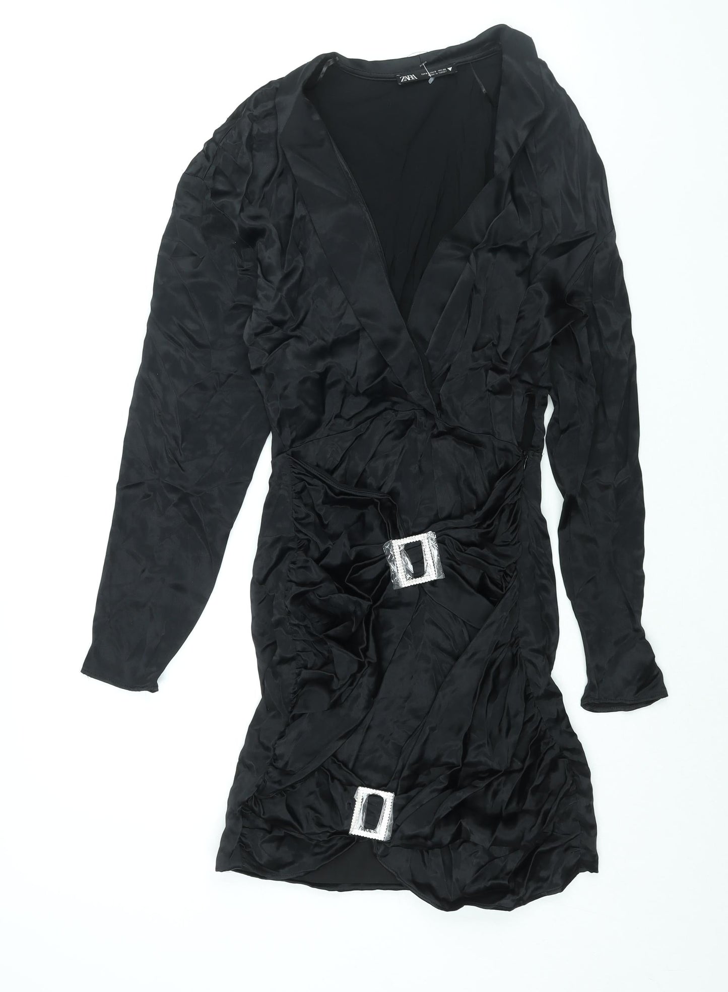 Zara Womens Black Viscose Mini Size S V-Neck Zip - Rhinestone Buckle Detail
