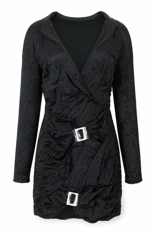 Zara Womens Black Viscose Mini Size S V-Neck Zip - Rhinestone Buckle Detail