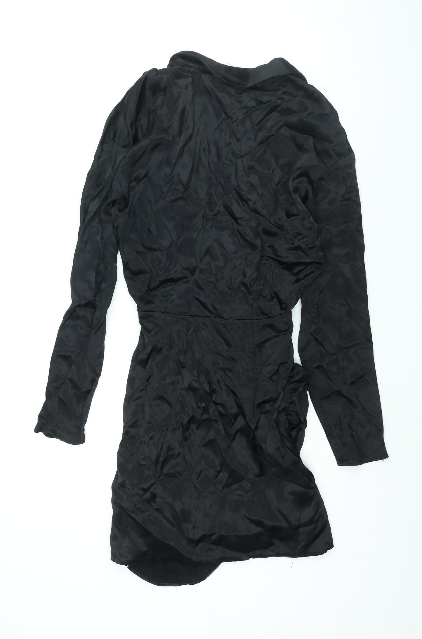 Zara Womens Black Viscose Mini Size S V-Neck Zip - Rhinestone Buckle Detail