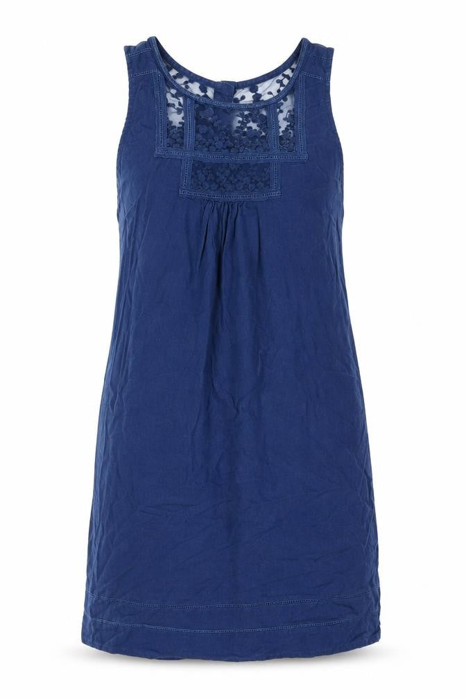 NEXT Womens Blue Linen Sheath Size 10 Round Neck Button - Lace Detail