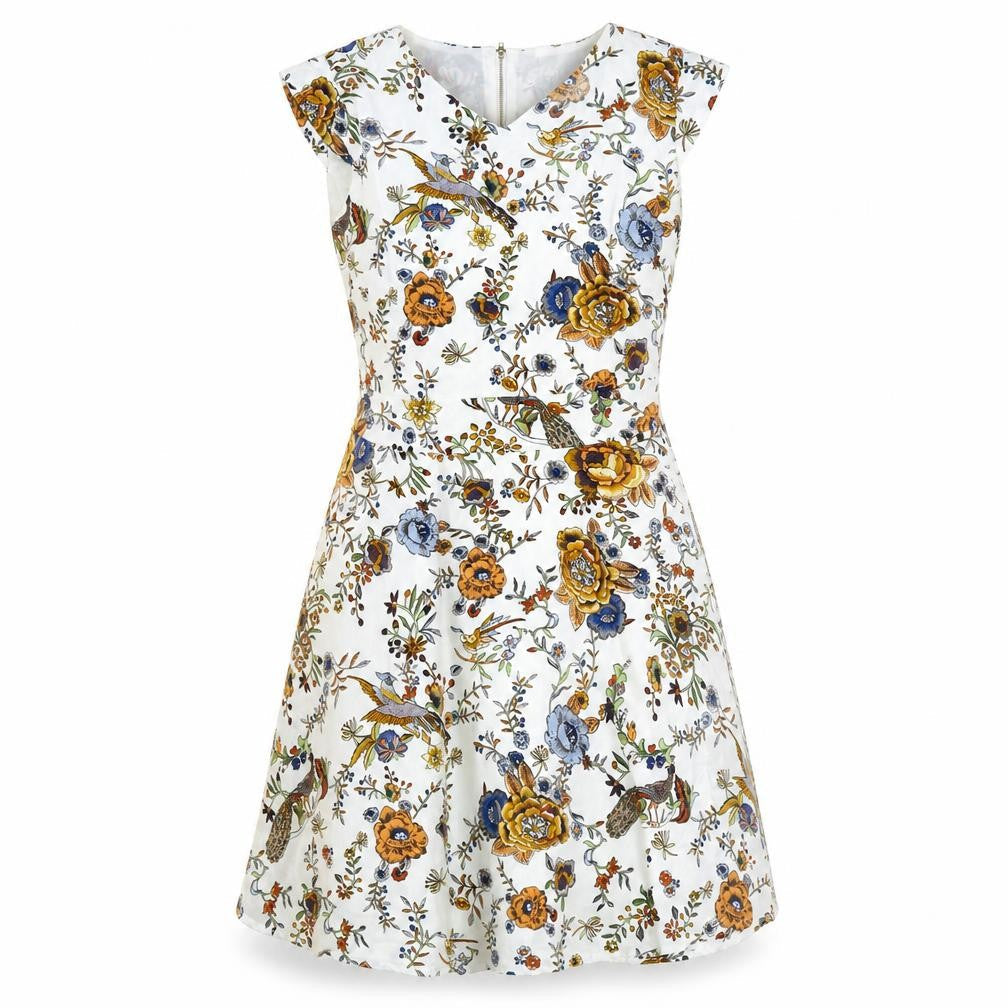 Mela London Womens White Floral Polyester A-Line Size 10 V-Neck Zip - Belted