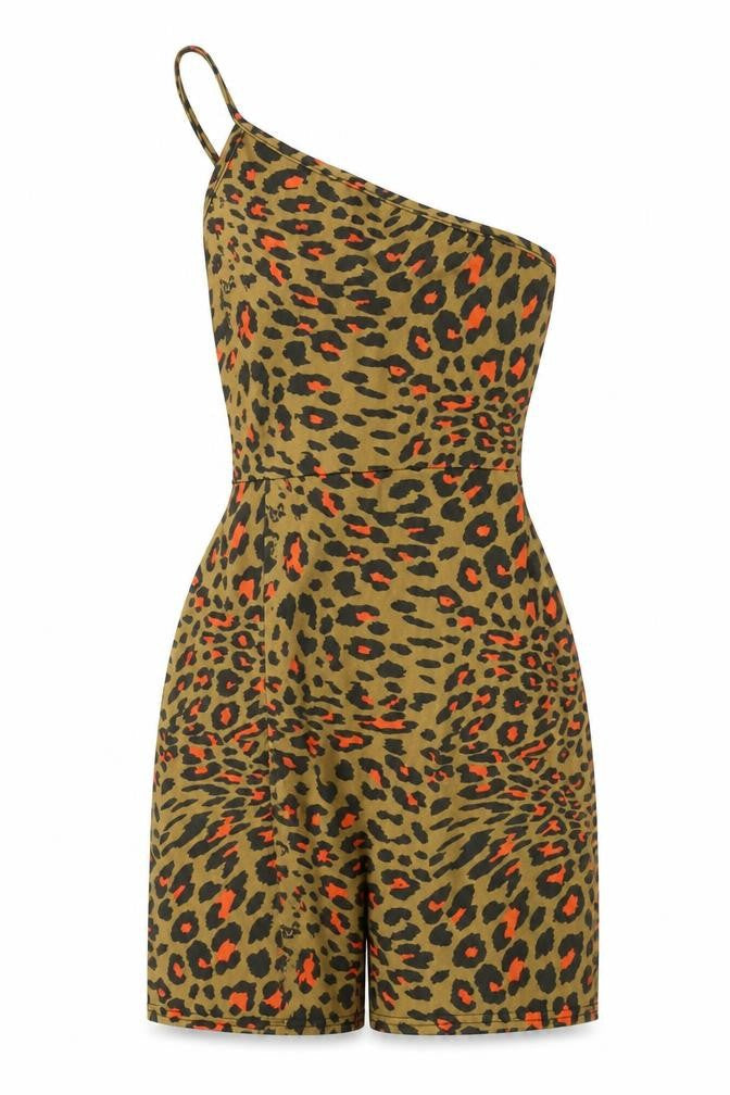 PRETTYLITTLETHING Womens Brown Animal Print Polyester Mini Size 6 One Shoulder Pullover - Belted Leopard Print