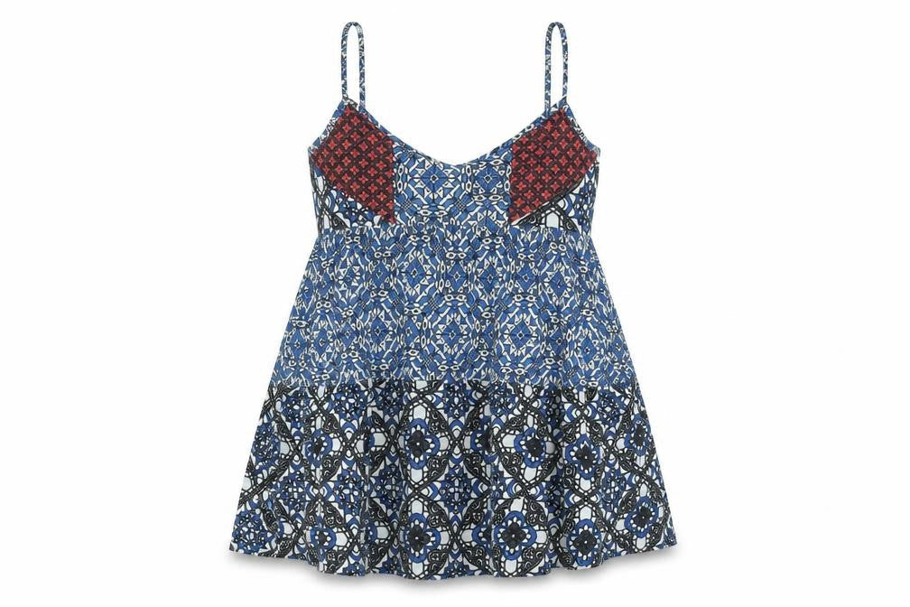 Topshop Womens Blue Geometric Polyester A-Line Size 14 Scoop Neck Pullover - Smocked