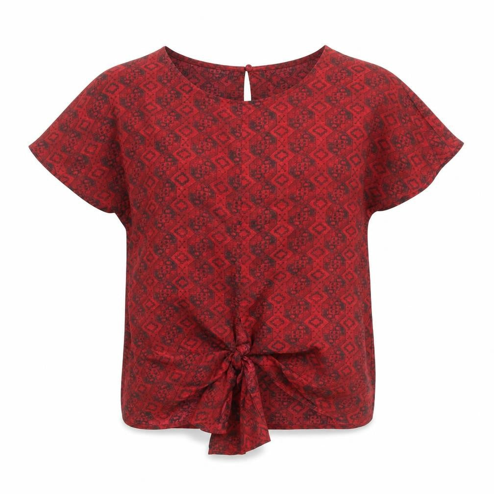 Sparkle & Fade Womens Red Geometric Polyester Basic Blouse Size XS Round Neck - Tie Detail