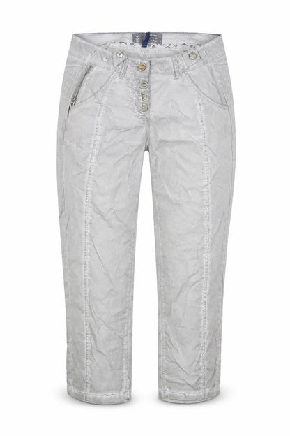 Front view of Cecil women’s grey cotton capri trousers, size UK 25, in, 22-inch leg regular button