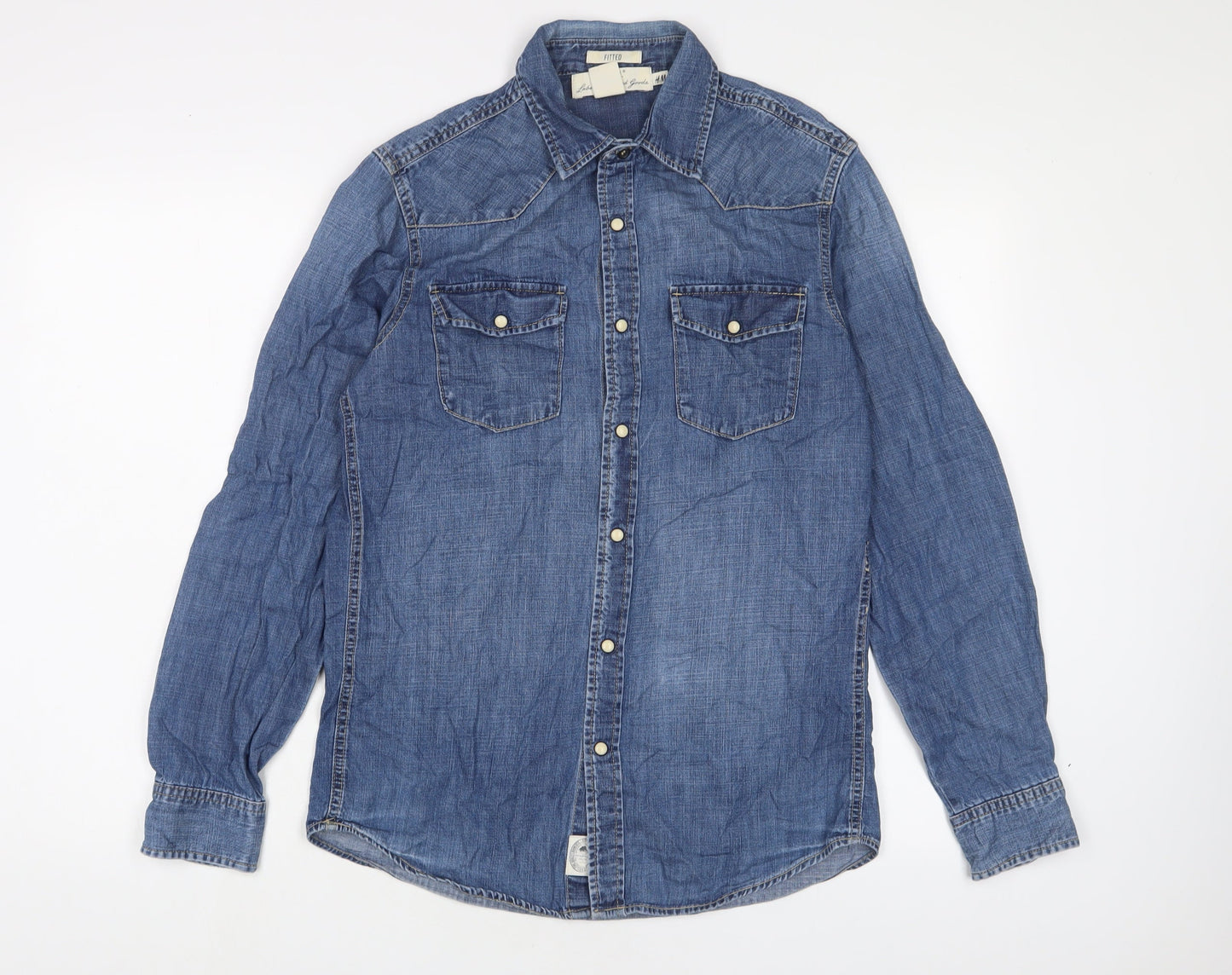 H&M Mens Blue Cotton Button-Up Size S Collared Snap