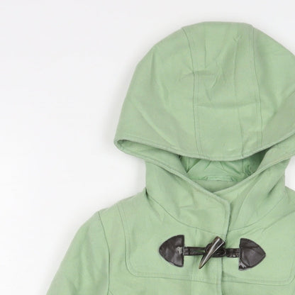 Close-up detail of Next girls’ green overcoat coat, size 9-10, years button