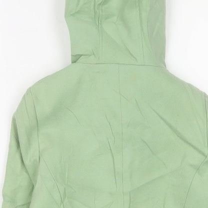 Brand and care label for Next girls’ green overcoat coat, size 9-10, years button
