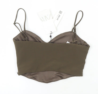 Zara Womens Brown Polyester Cropped Blouse Size XL Scoop Neck