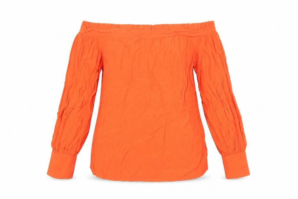 Warehouse Womens Orange Herringbone Viscose Tunic Blouse Size 12 Off the Shoulder