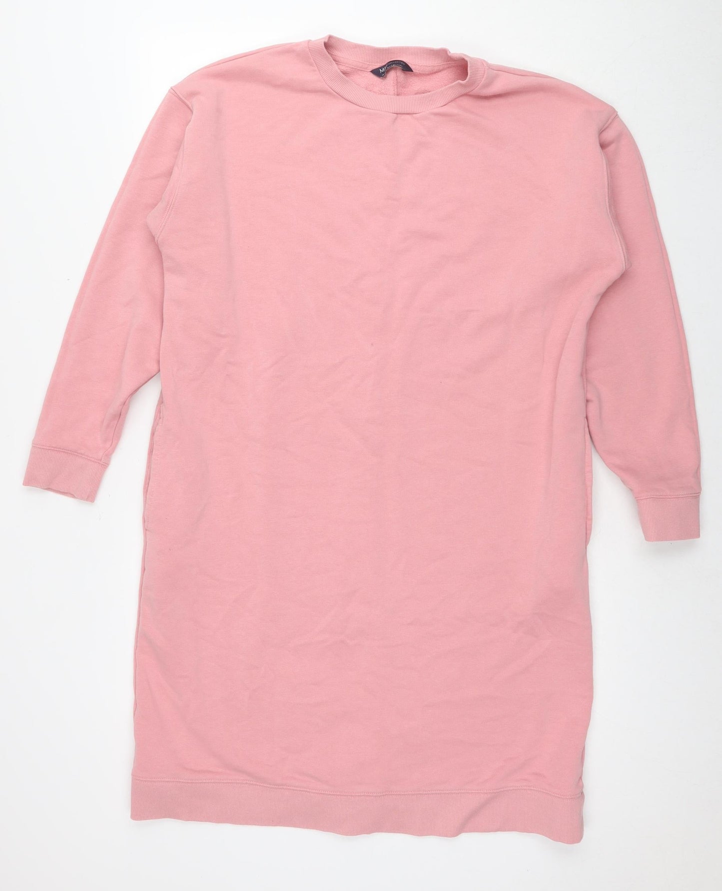 Marks and Spencer Womens Pink Cotton Jumper Dress Size 14 Round Neck Pullover - Pockets