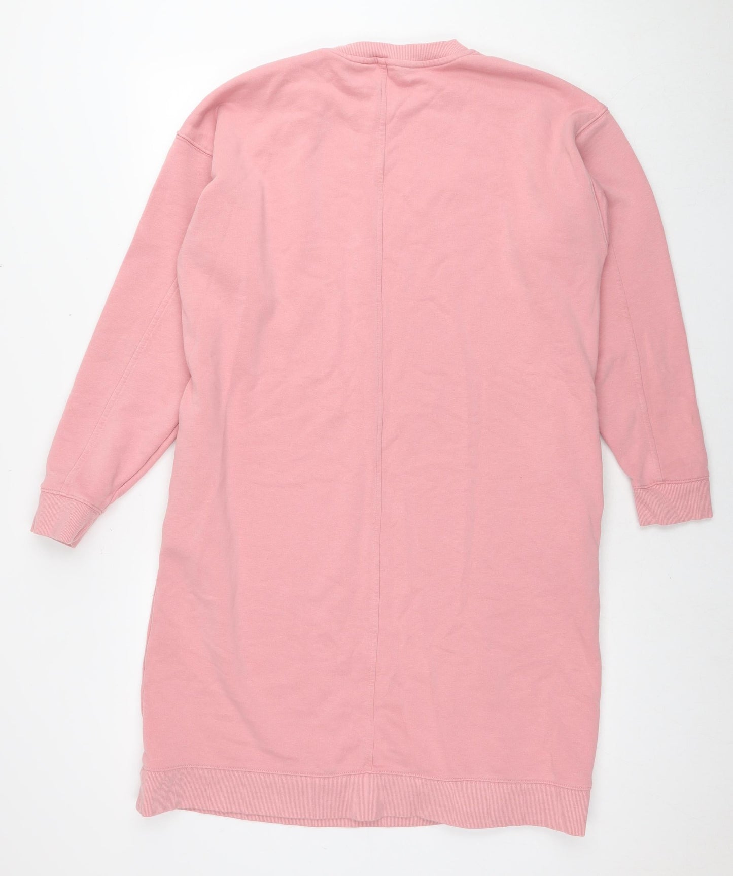 Marks and Spencer Womens Pink Cotton Jumper Dress Size 14 Round Neck Pullover - Pockets