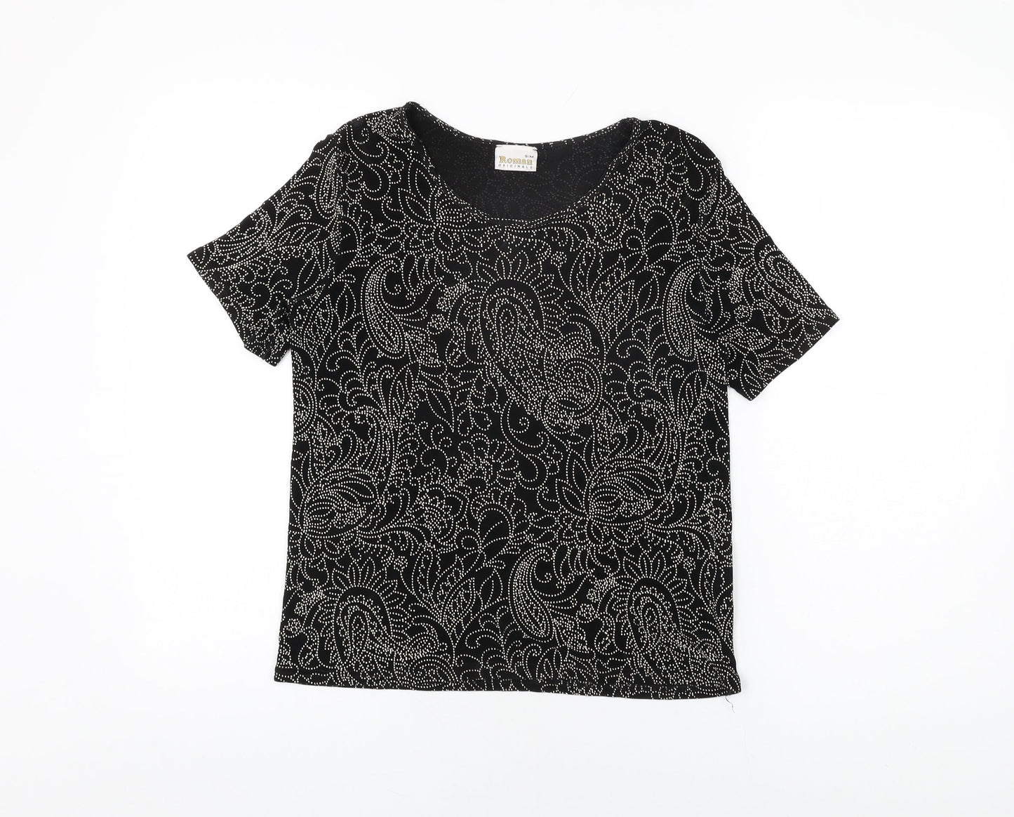 Roman Womens Black Floral Acetate Basic T-Shirt Size S Round Neck