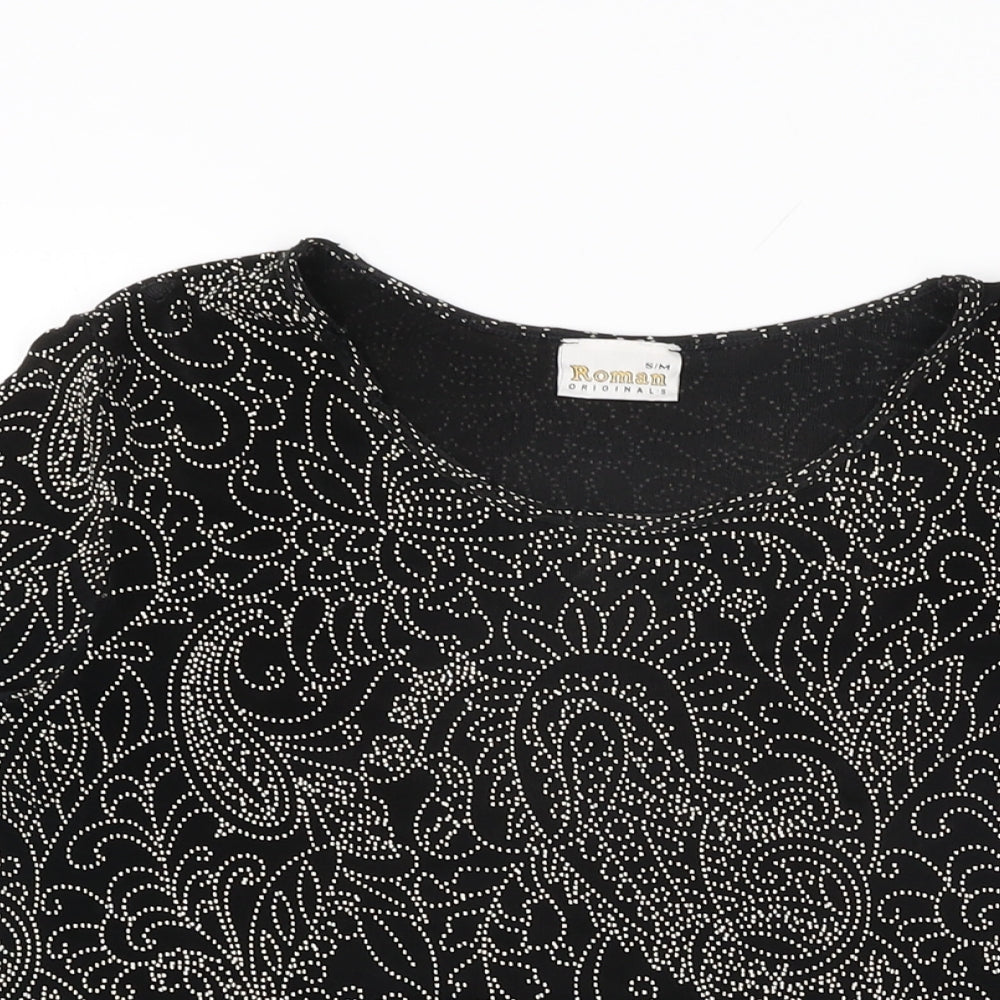 Roman Womens Black Floral Acetate Basic T-Shirt Size S Round Neck