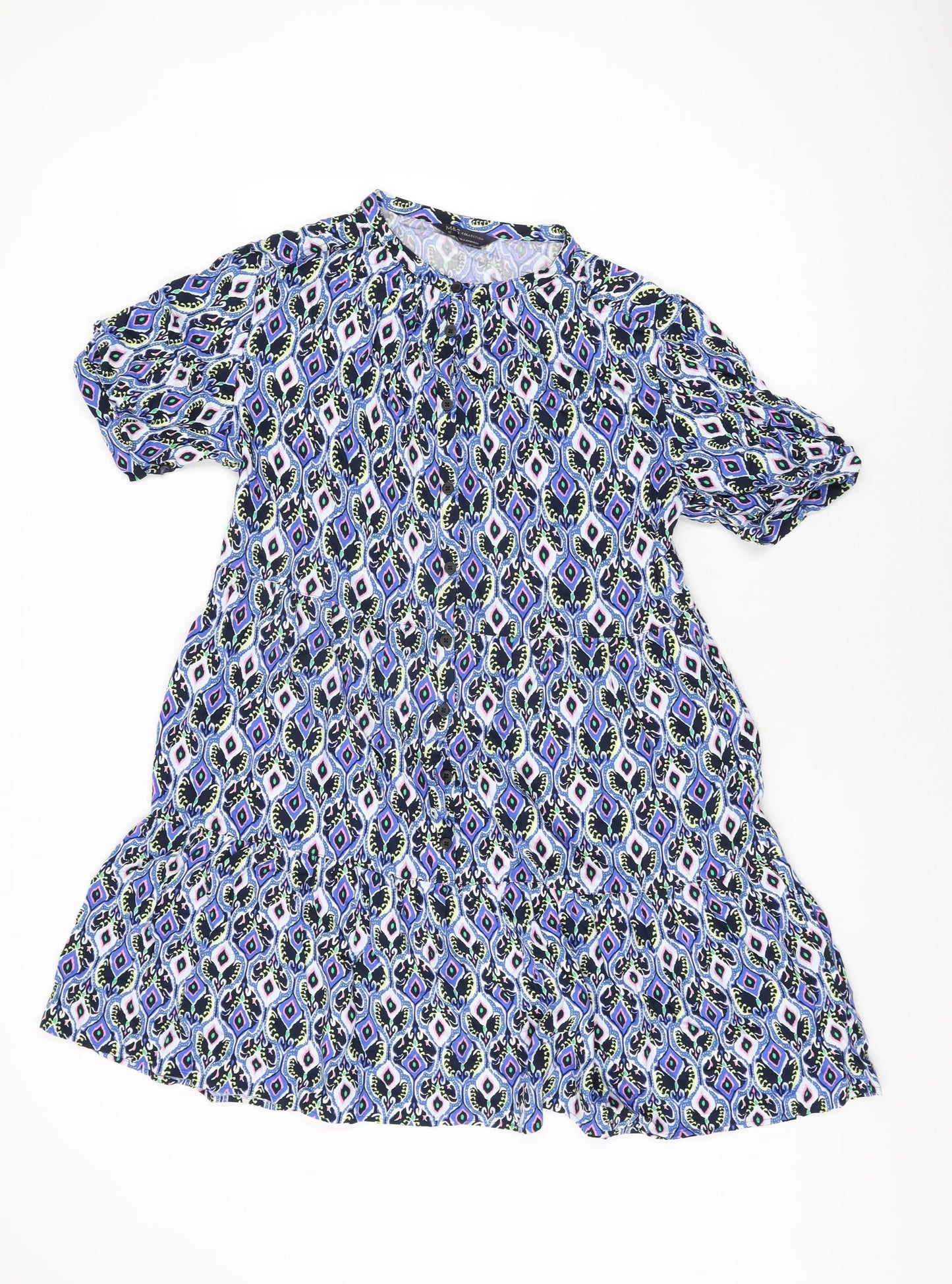 Marks and Spencer Womens Blue Geometric Viscose Shift Size 12 Round Neck Button