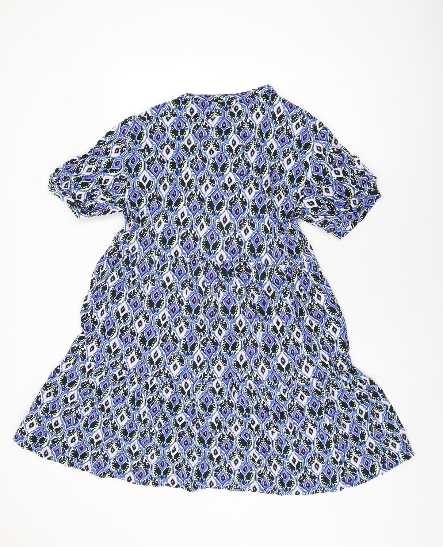 Marks and Spencer Womens Blue Geometric Viscose Shift Size 12 Round Neck Button