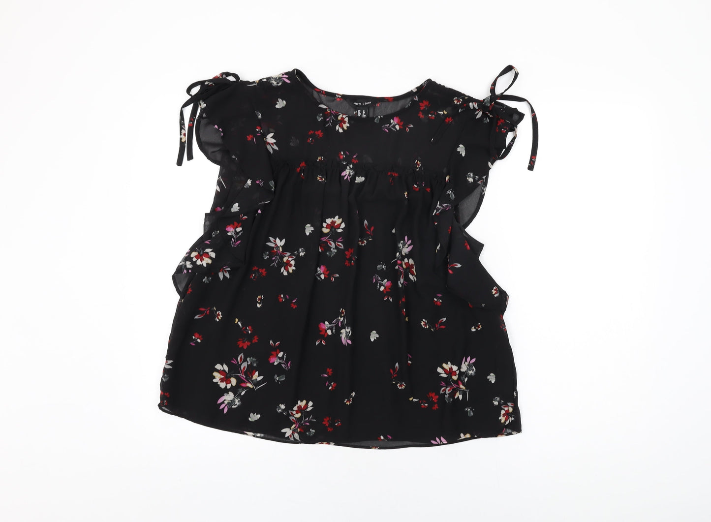 New Look Womens Black Floral Polyester Basic Blouse Size 12 Round Neck