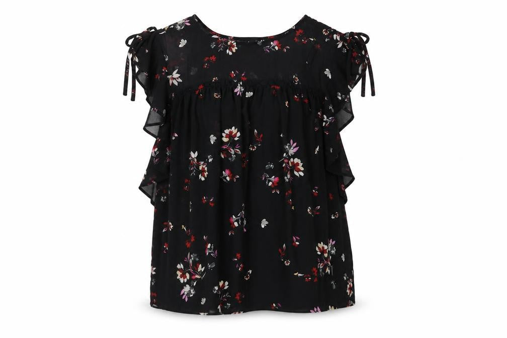 New Look Womens Black Floral Polyester Basic Blouse Size 12 Round Neck