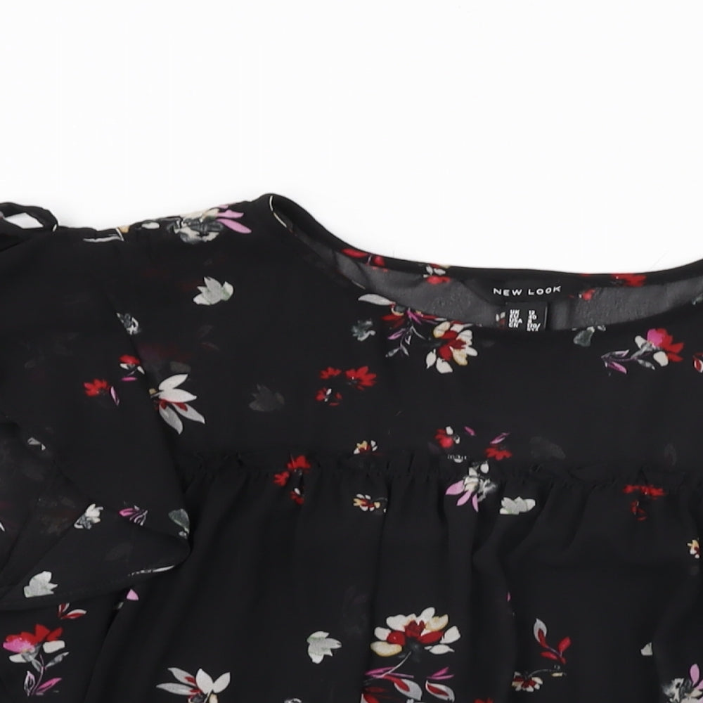 New Look Womens Black Floral Polyester Basic Blouse Size 12 Round Neck