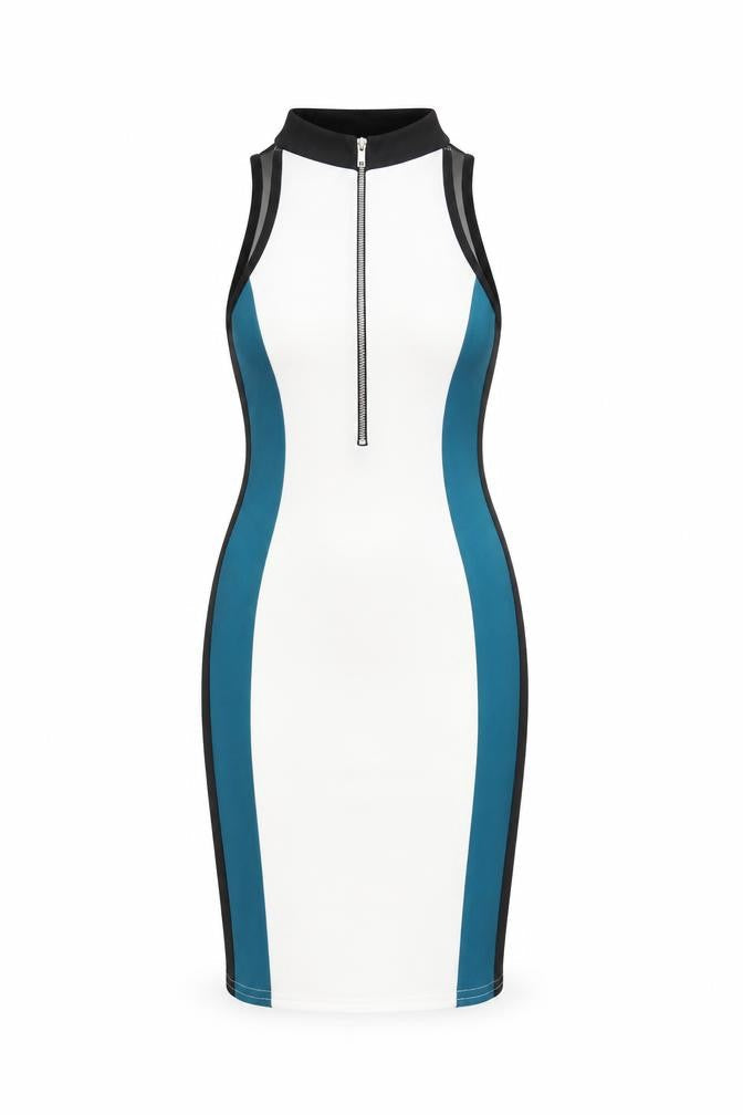 PRETTYLITTLETHING Womens White Geometric Polyester Bodycon Size 6 Round Neck Zip