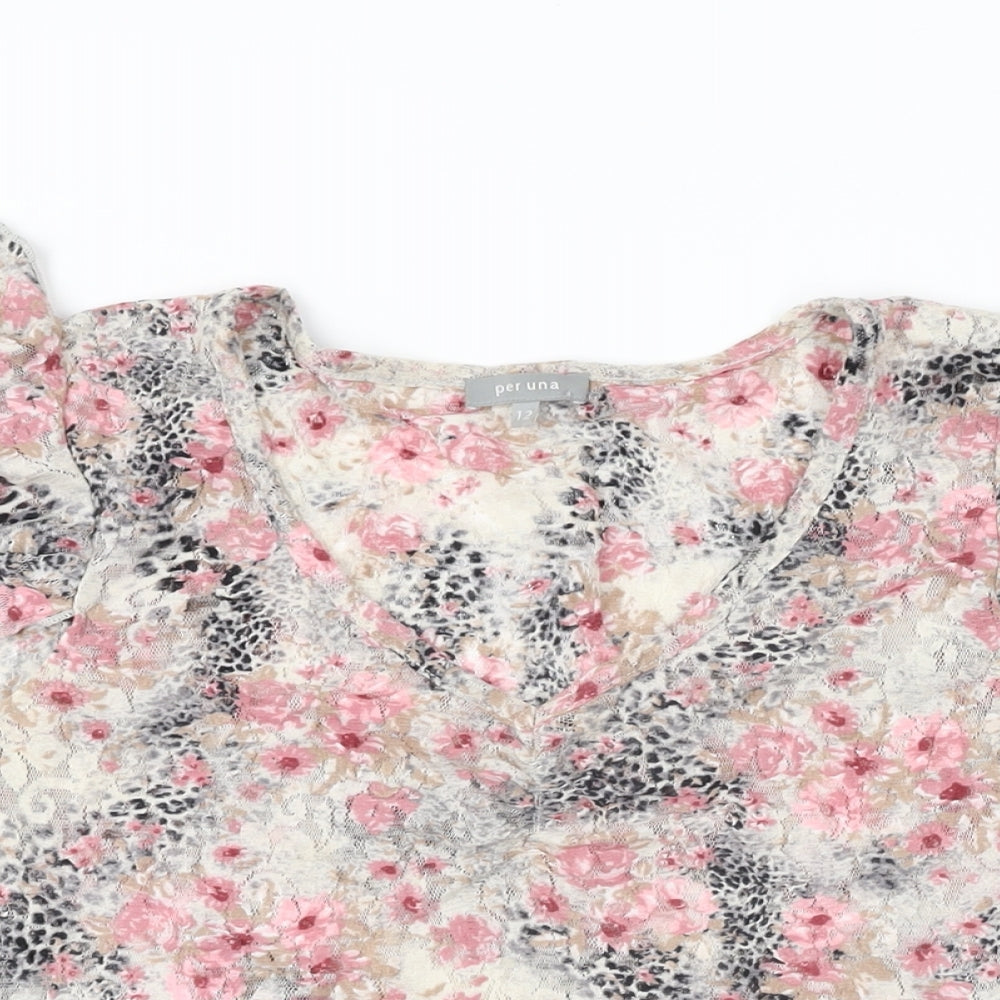 Per Una Womens Multicoloured Floral Polyamide Basic T-Shirt Size 12 V-Neck
