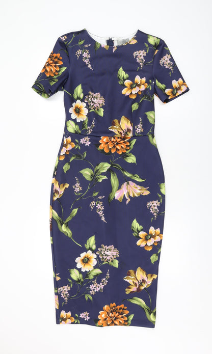 Additional front view of ASOS women’s blue floral polyester bodycon, size UK 10, round neck zip