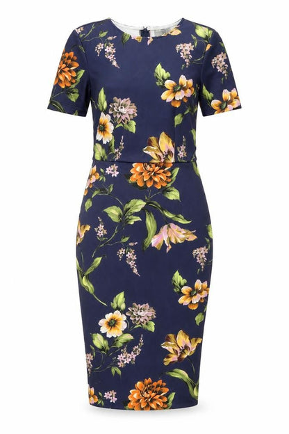 Front view of ASOS women’s blue floral polyester bodycon, size UK 10, round neck zip