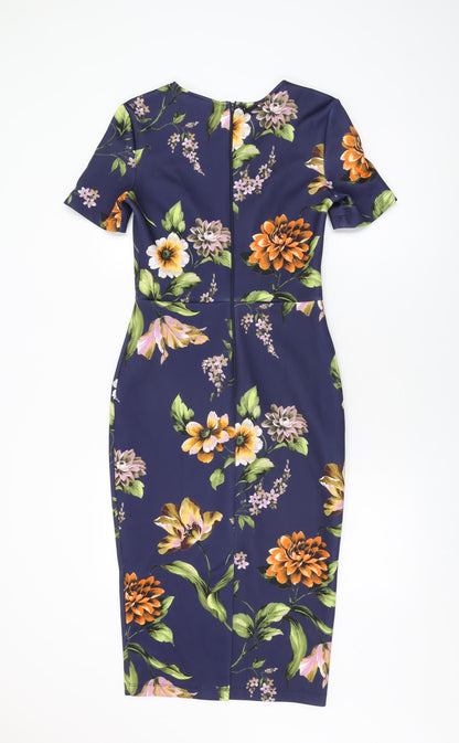 Back view of ASOS women’s blue floral polyester bodycon, size UK 10, round neck zip