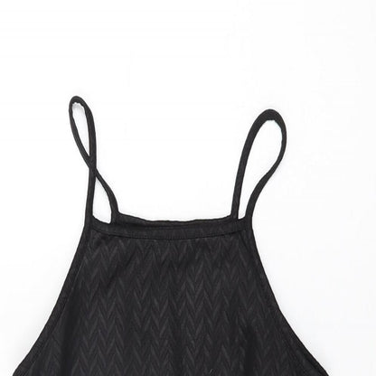 Close-up detail of Miss Selfridge women’s black polyester bodycon, size UK 4, round neck pullover
