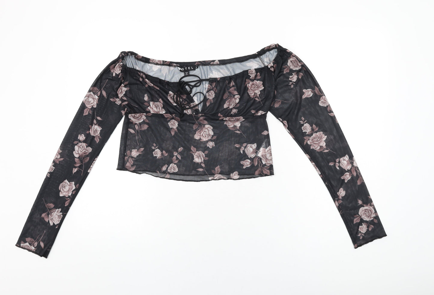 Motel Womens Black Floral Polyester Cropped T-Shirt Size M Off the Shoulder