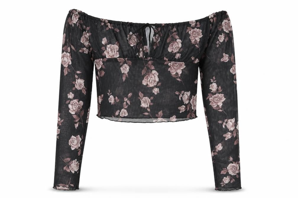 Motel Rocks Womens Black Floral Polyester Cropped T-Shirt Size M Off the Shoulder