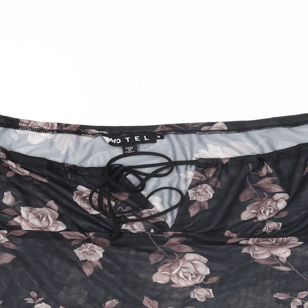 Motel Womens Black Floral Polyester Cropped T-Shirt Size M Off the Shoulder
