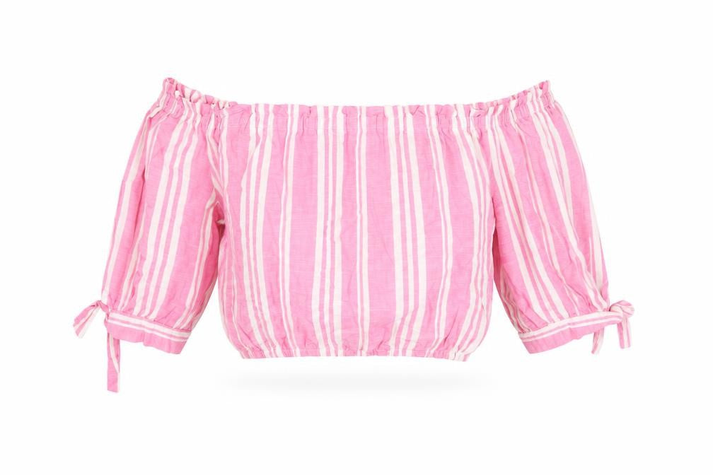 New Look Womens Pink Striped Cotton Cropped T-Shirt Size 12 Off the Shoulder