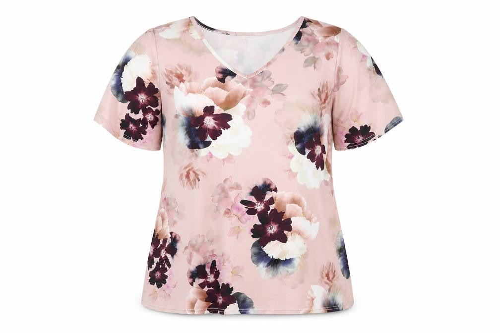 Originals Womens Pink Floral Polyester Basic T-Shirt Size M V-Neck