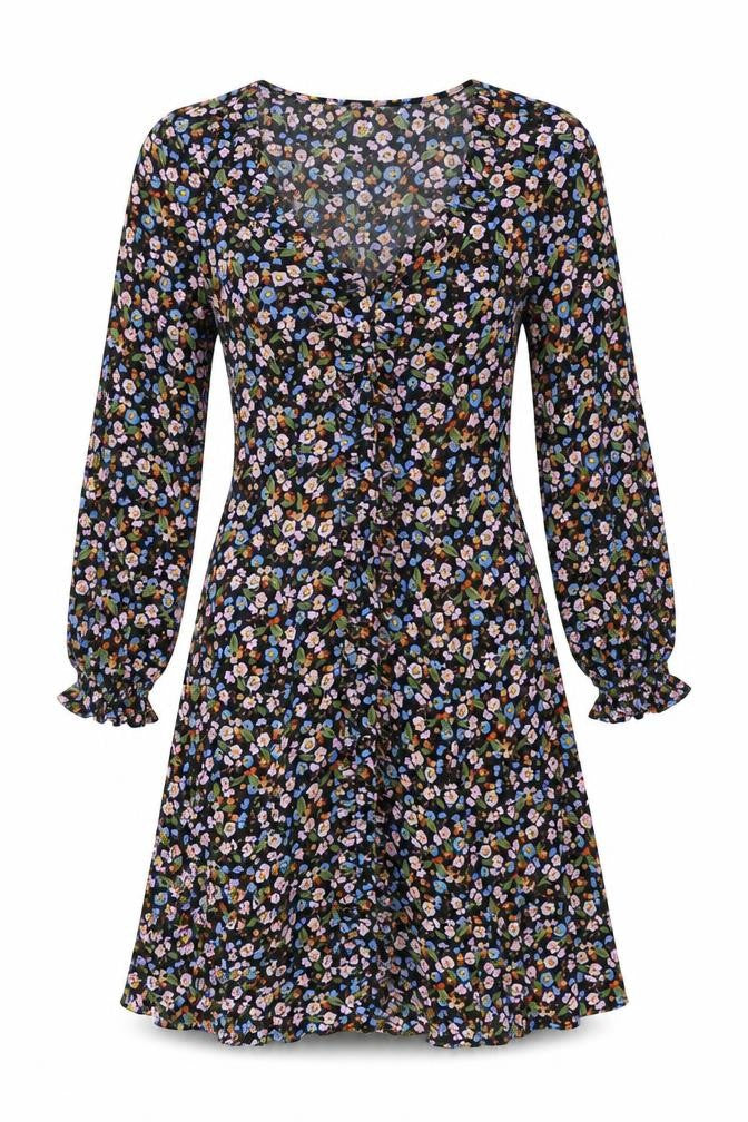 Marks & Spencer Womens Black Floral Viscose A-Line Size 8 V-Neck Button