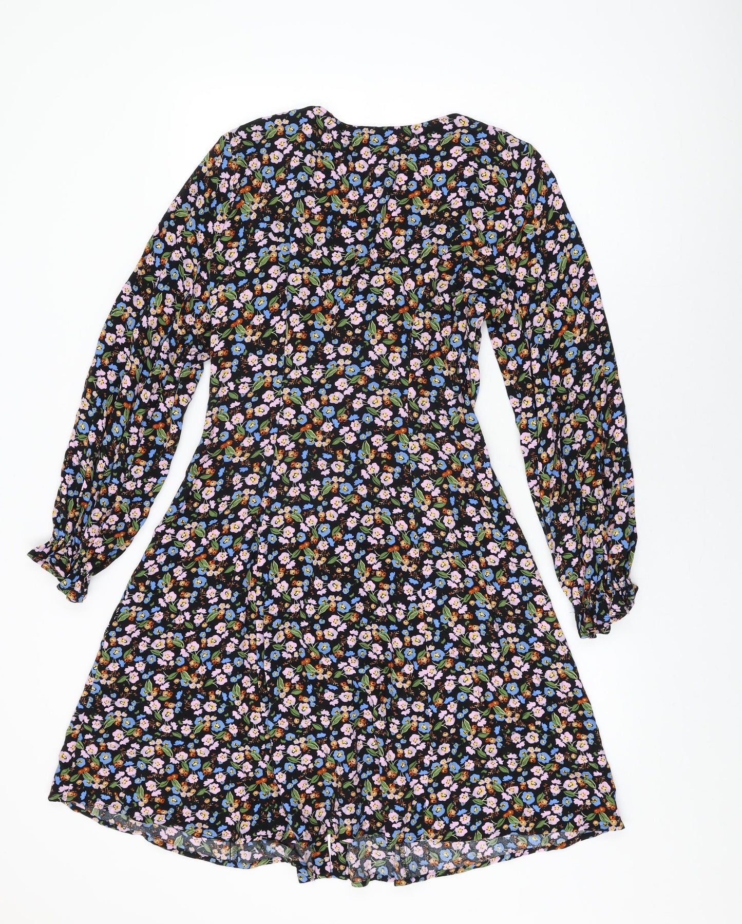 Marks and Spencer Womens Black Floral Viscose A-Line Size 8 V-Neck Button
