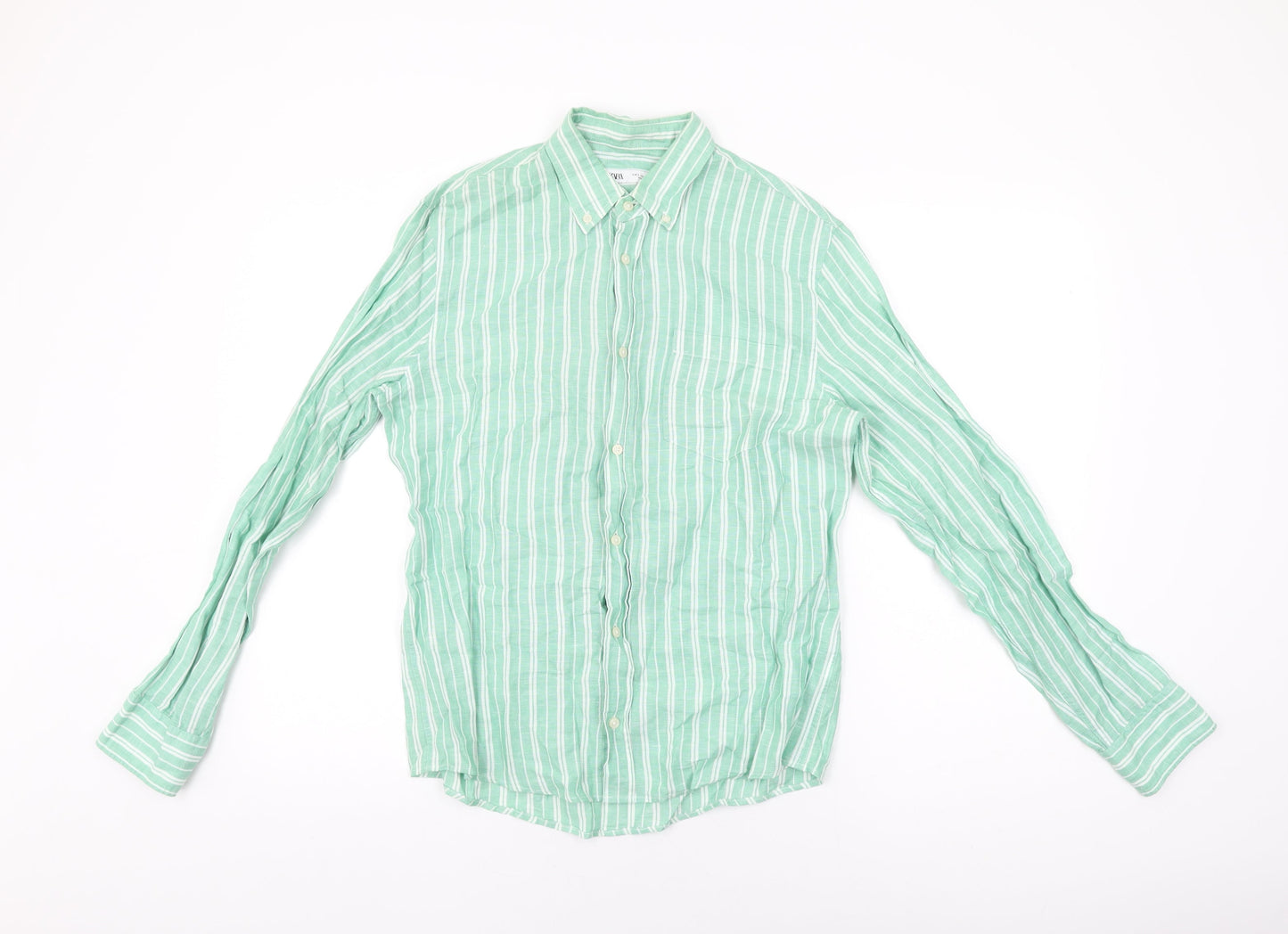 Zara Womens Green Striped Viscose Basic Button-Up Size S Collared